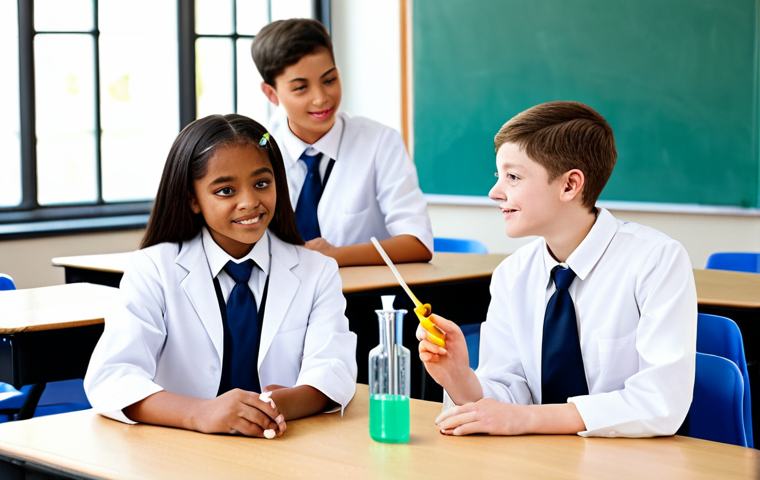 **
"A diverse group of students fully clothed in modest school uniforms, participating in a hands-on science experiment in a bright, modern classroom, safe for work, appropriate content, perfect anatomy, natural proportions, family-friendly, educational setting, well-lit."
**