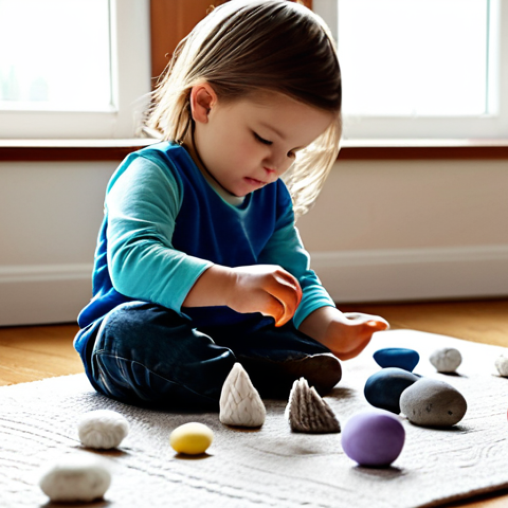 Sensory Exploration**
A fully clothed child playing with homemade playdough in a brightly lit room, surrounded by various textured objects like smooth stones, feathers, and cotton balls. The scene should evoke a sense of curiosity and exploration. Perfect anatomy, correct proportions, well-formed hands, proper finger count. Safe for work, appropriate content, family-friendly.
**