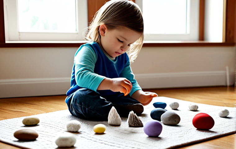 Sensory Exploration**
A fully clothed child playing with homemade playdough in a brightly lit room, surrounded by various textured objects like smooth stones, feathers, and cotton balls. The scene should evoke a sense of curiosity and exploration. Perfect anatomy, correct proportions, well-formed hands, proper finger count. Safe for work, appropriate content, family-friendly.
**