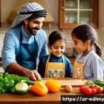 Home 20 감각적 학습을 위한 부모 참여 방법 - A warm and inviting Arabic family kitchen scene featuring a parent and two young children wearing mo...