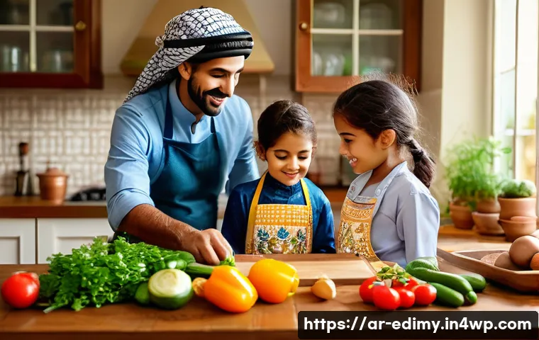 감각적 학습을 위한 부모 참여 방법 - A warm and inviting Arabic family kitchen scene featuring a parent and two young children wearing mo...