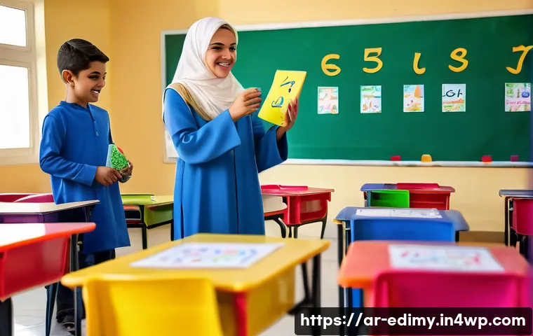 감각적 학습을 위한 비전통적 방법 탐구 - A vibrant elementary school classroom scene in a modern Arab school, featuring young children around...