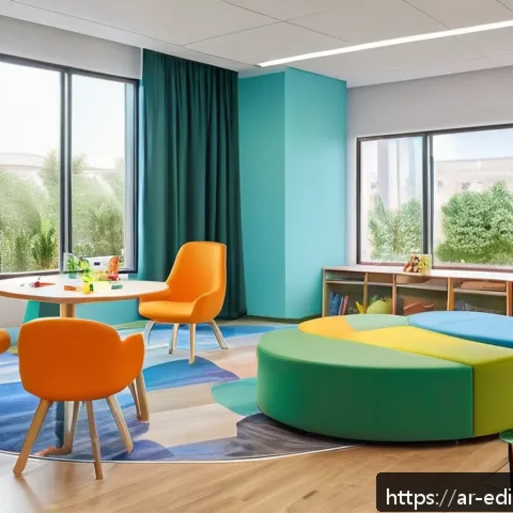 감각적 학습을 위한 교실 디자인 아이디어 - A modern Arabic elementary classroom designed with warm and cool balanced colors such as yellow, ora...