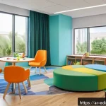Home 18 감각적 학습을 위한 교실 디자인 아이디어 - A modern Arabic elementary classroom designed with warm and cool balanced colors such as yellow, ora...