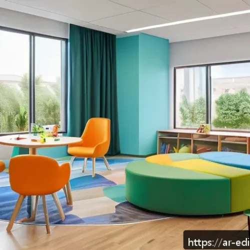 Home 30 감각적 학습을 위한 교실 디자인 아이디어 - A modern Arabic elementary classroom designed with warm and cool balanced colors such as yellow, ora...