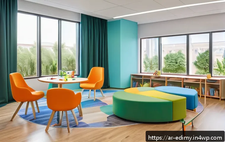 감각적 학습을 위한 교실 디자인 아이디어 - A modern Arabic elementary classroom designed with warm and cool balanced colors such as yellow, ora...