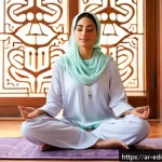 Home 23 감각적 학습을 통한 정서적 성장 촉진하기 - A serene Middle Eastern woman in modest, traditional attire seated cross-legged on a soft Persian ru...