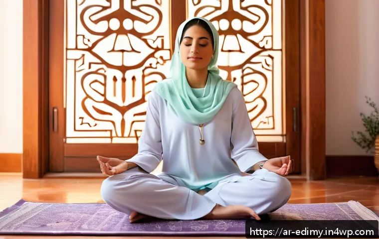 감각적 학습을 통한 정서적 성장 촉진하기 - A serene Middle Eastern woman in modest, traditional attire seated cross-legged on a soft Persian ru...
