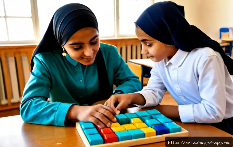 감각적 학습을 통한 STEM 교육 강화하기 - Photorealistic Arab elementary students in modest everyday school clothing gathered around a bright ...