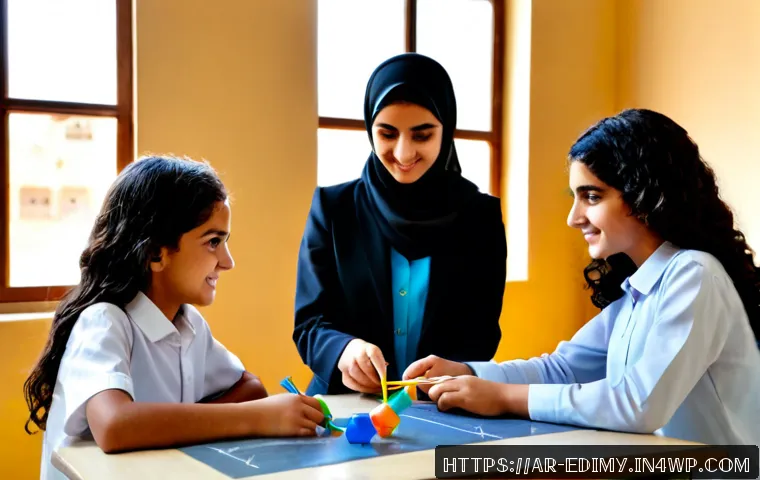 감각적 학습의 실제 적용과 성과 사례 - Photorealistic modern Arabic classroom in daylight, a female teacher in modest attire guiding two Mi...